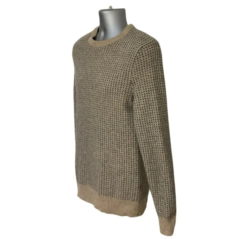 J Crew Sweater Mens M Merino Wool Tan Navy Textured Knit Crewneck Pullover